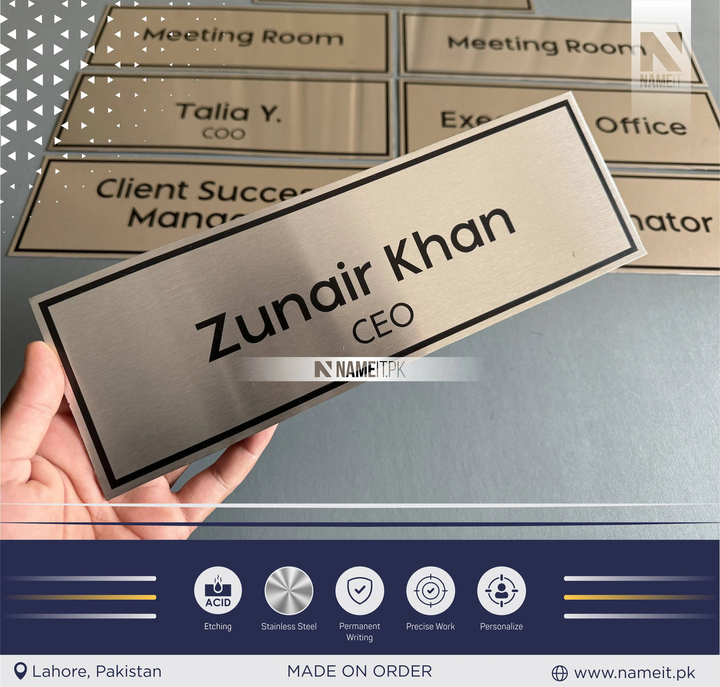 Personalised Wall Name Plate Office Sign, Custom Etching Door Sign, Plaque, Business Name Sign, Peel & Stick Adhesive. NAMEIT PAKISTAN