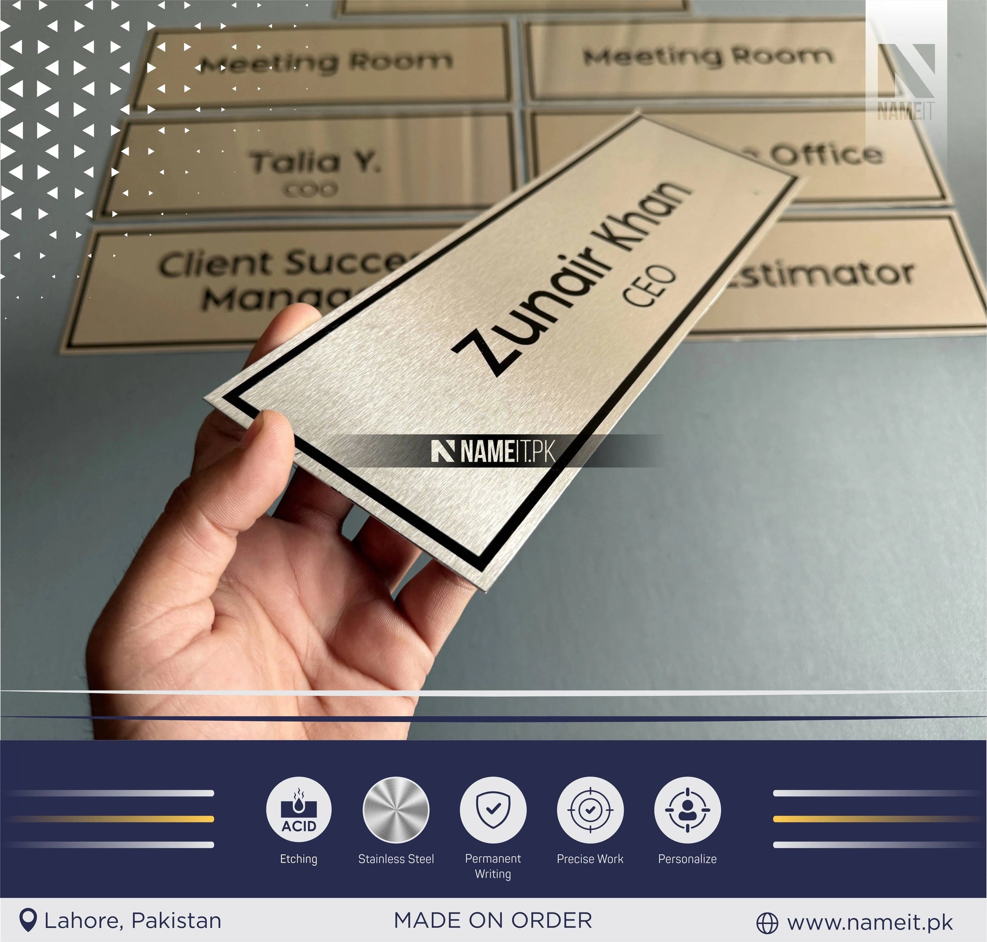 Personalised Wall Name Plate Office Sign, Custom Etching Door Sign, Plaque, Business Name Sign, Peel & Stick Adhesive. NAMEIT PAKISTAN