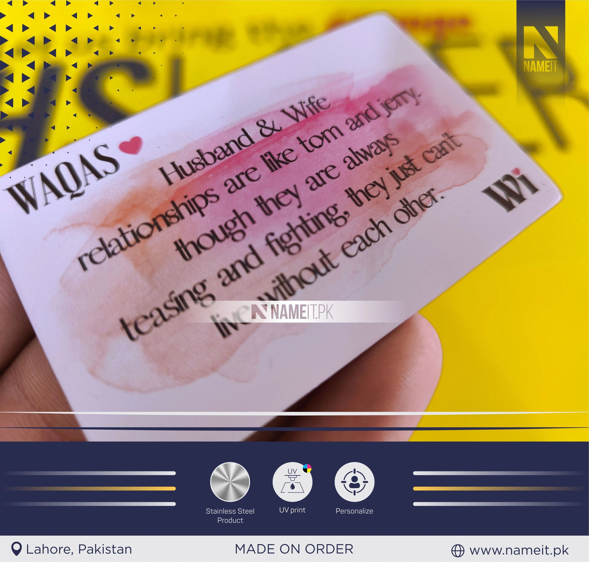 Business Card Stainless Steel -  Metal Wallet Card - Add any text custom card - Keepsake Gift For Him, Husband, Valentines, Anniversary - own text NAMEIT PAKISTAN