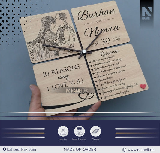 Personalized Wooden WallClock, With really 10 reasons of Love NAMEIT PAKISTAN