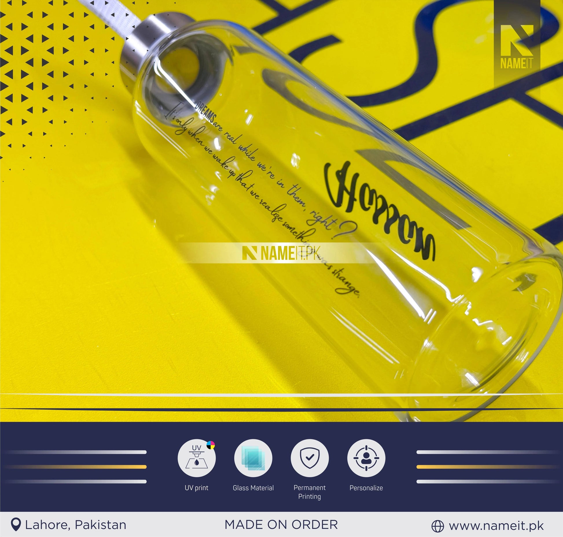 Personalized Crystal Glass Water Bottle with Sleeve Available | Custom Glass Water Bottle | Customizable to Any Design Available NAMEIT PAKISTAN