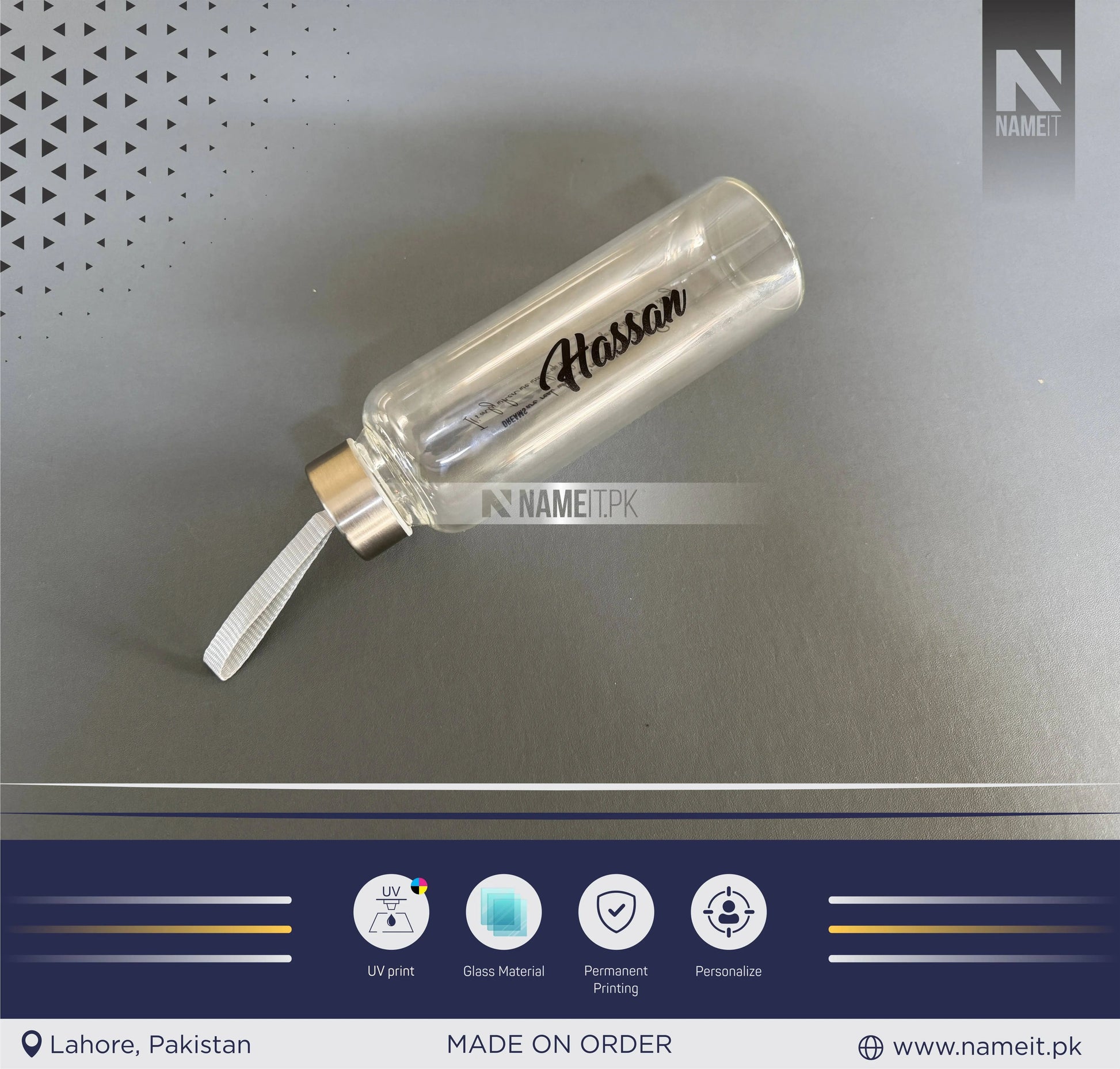 Personalized Crystal Glass Water Bottle with Sleeve Available | Custom Glass Water Bottle | Customizable to Any Design Available NAMEIT PAKISTAN