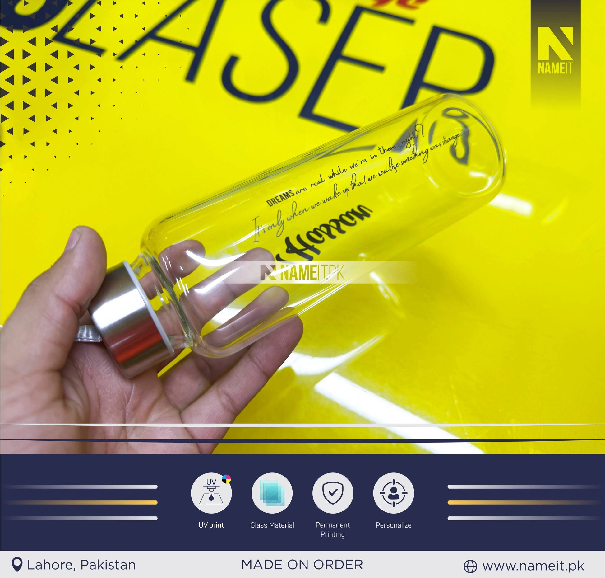 Personalized Crystal Glass Water Bottle with Sleeve Available | Custom Glass Water Bottle | Customizable to Any Design Available NAMEIT PAKISTAN