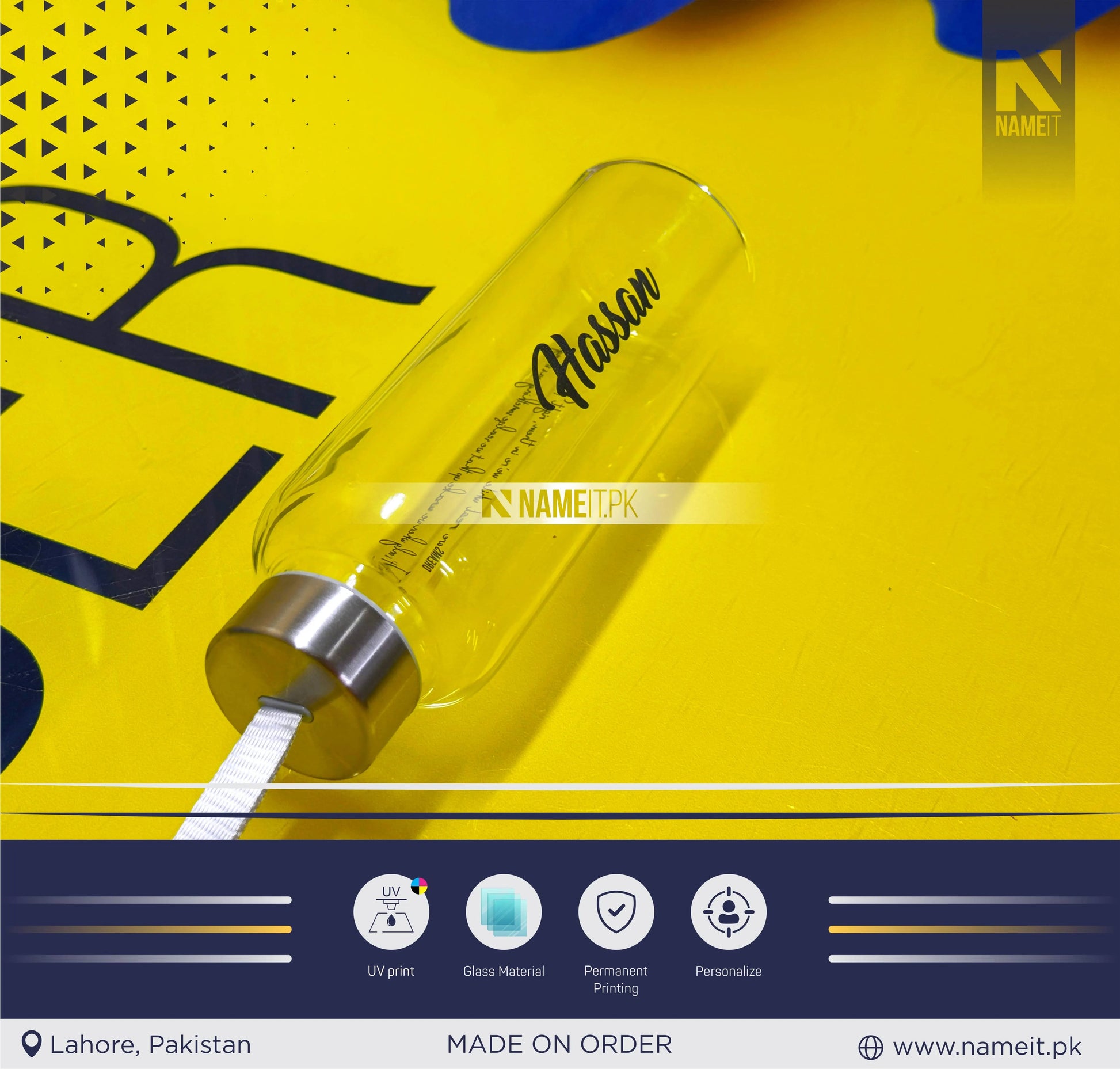 Personalized Crystal Glass Water Bottle with Sleeve Available | Custom Glass Water Bottle | Customizable to Any Design Available NAMEIT PAKISTAN