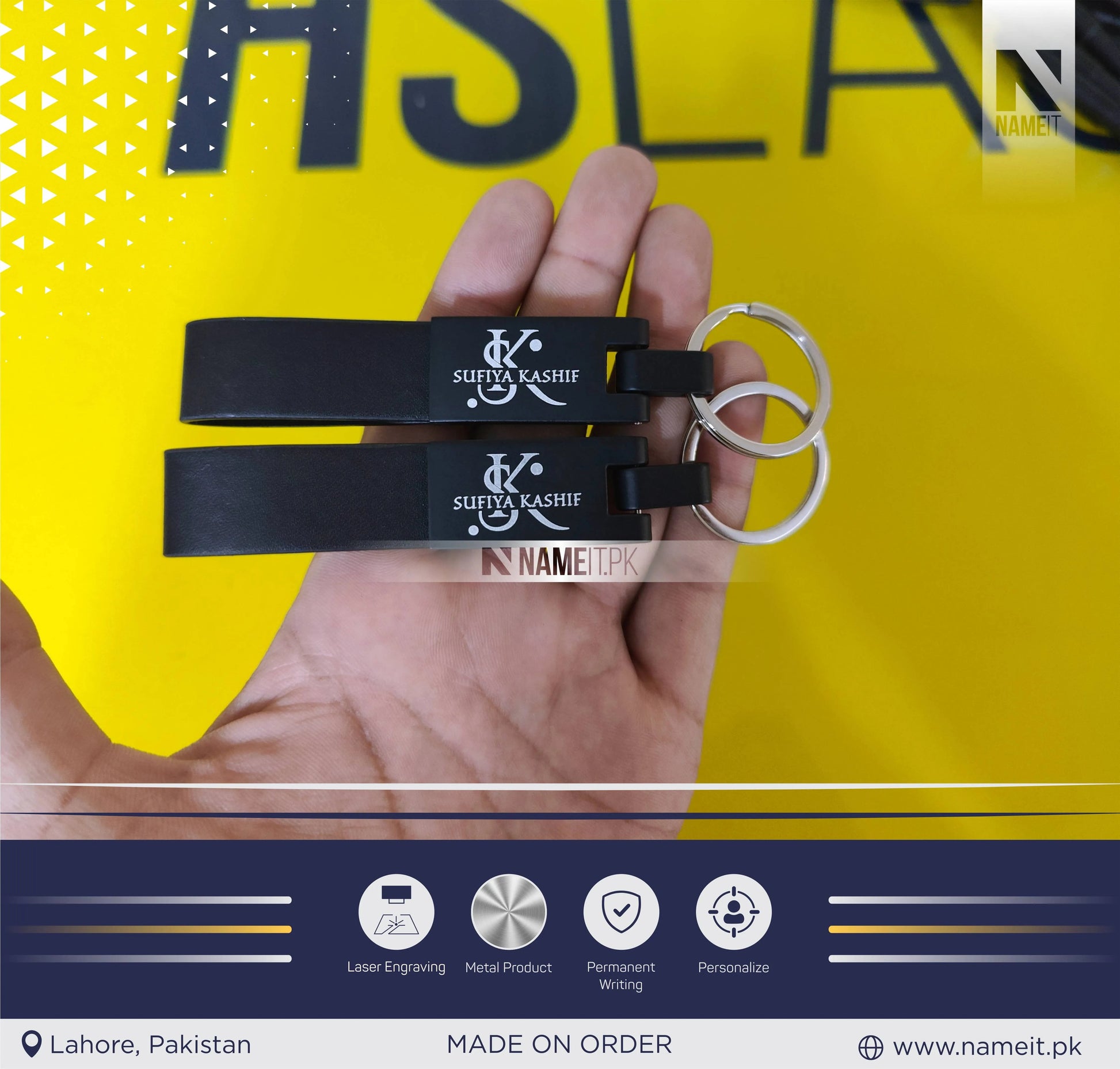 Personalized Premium Leather & Metal Keychain, Business Logo, Name, Custom Marketing Business Merchandise, NAMEIT PAKISTAN