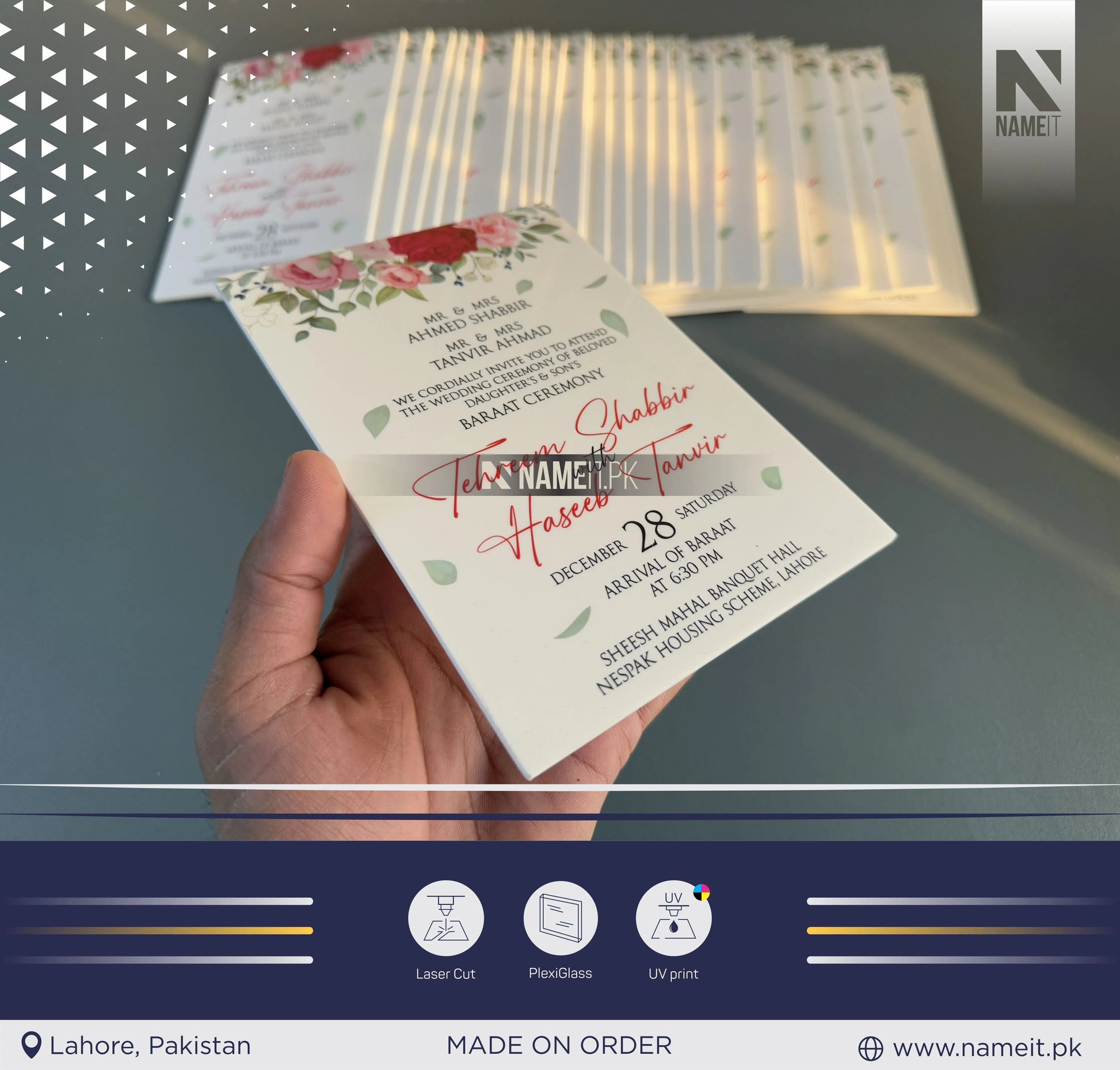 Marriage Invitation Card, Custom acrylic invitations cards, UV printing, laser cutting, custom design, wedding invites, party planning, wedding planning, decoration NAMEIT PAKISTAN