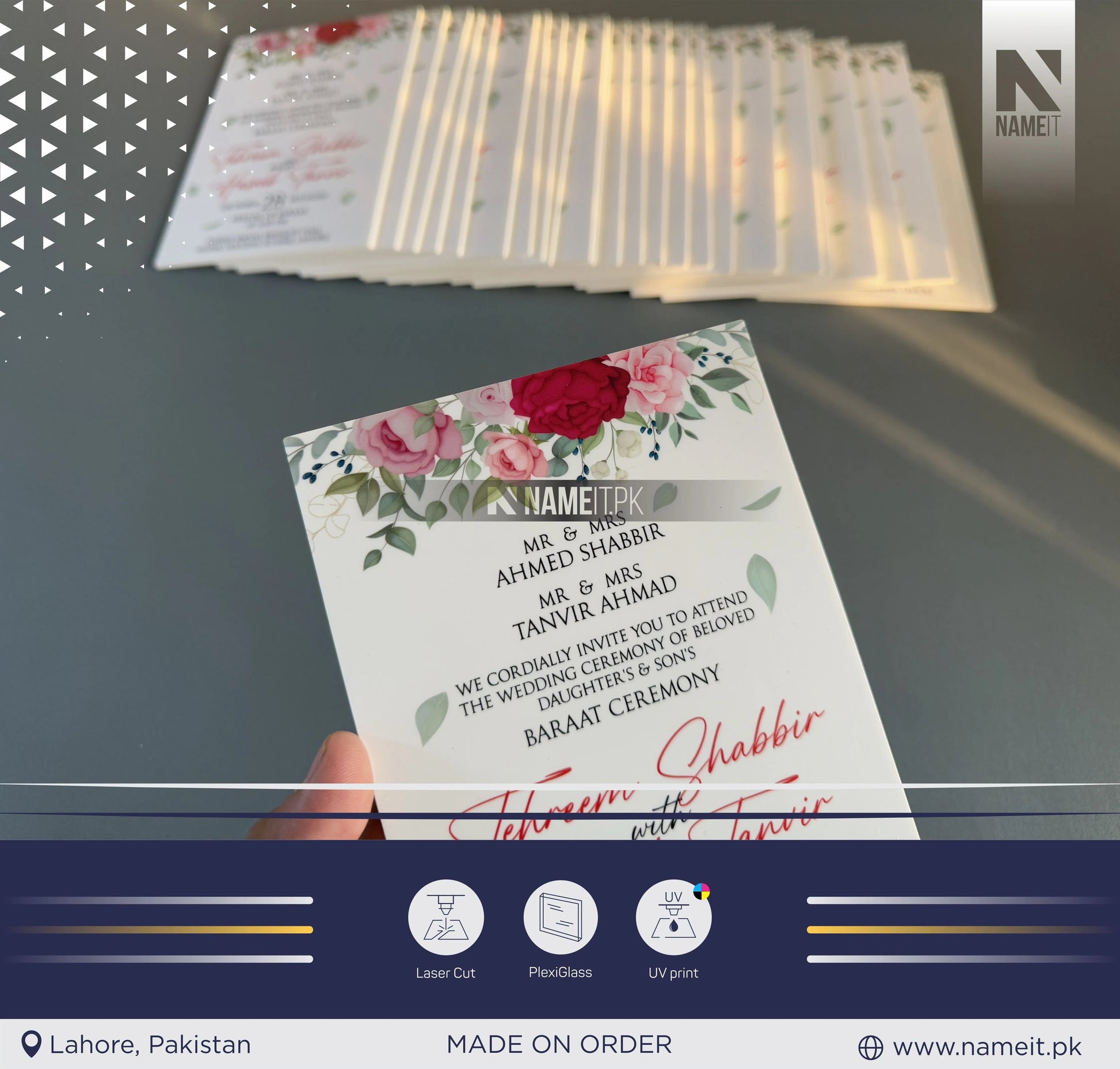Marriage Invitation Card, Custom acrylic invitations cards, UV printing, laser cutting, custom design, wedding invites, party planning, wedding planning, decoration NAMEIT PAKISTAN