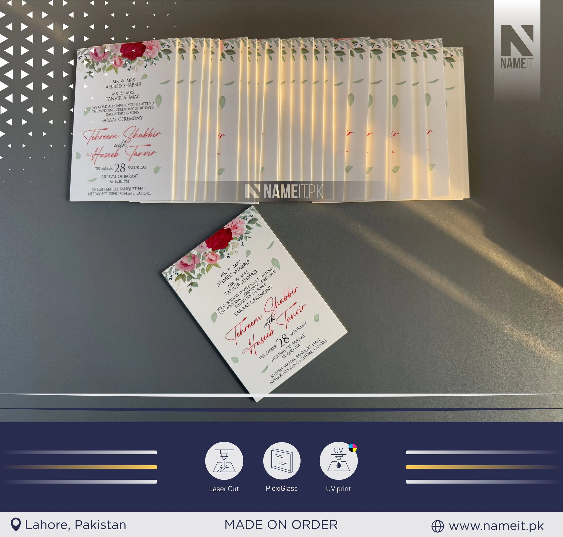Marriage Invitation Card, Custom acrylic invitations cards, UV printing, laser cutting, custom design, wedding invites, party planning, wedding planning, decoration NAMEIT PAKISTAN