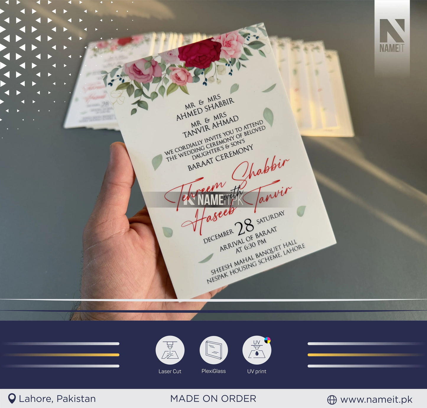 Marriage Invitation Card, Custom acrylic invitations cards, UV printing, laser cutting, custom design, wedding invites, party planning, wedding planning, decoration NAMEIT PAKISTAN