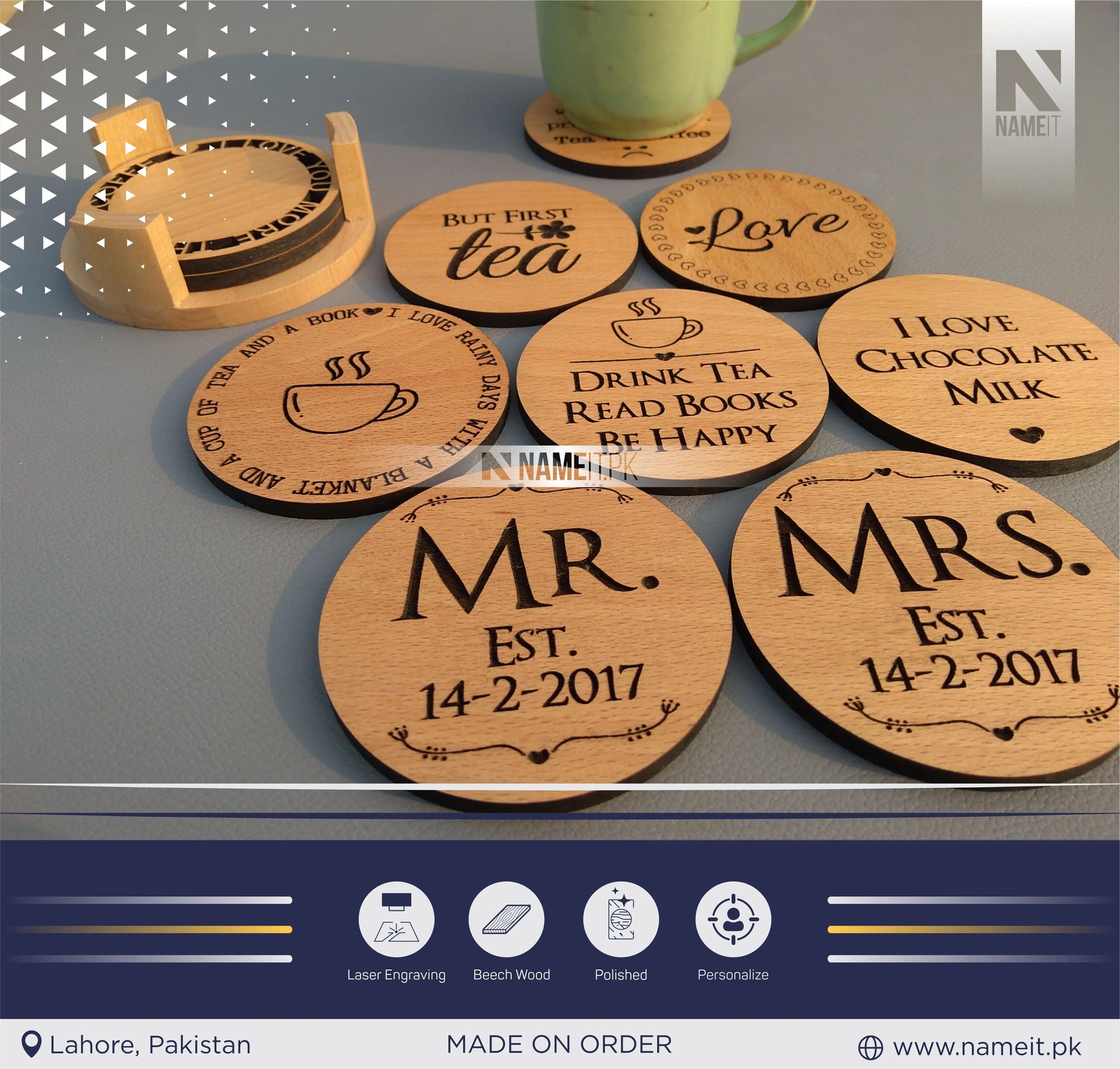Tea Coaster, Personalized Wooden Tea Coaster NAMEIT PAKISTAN