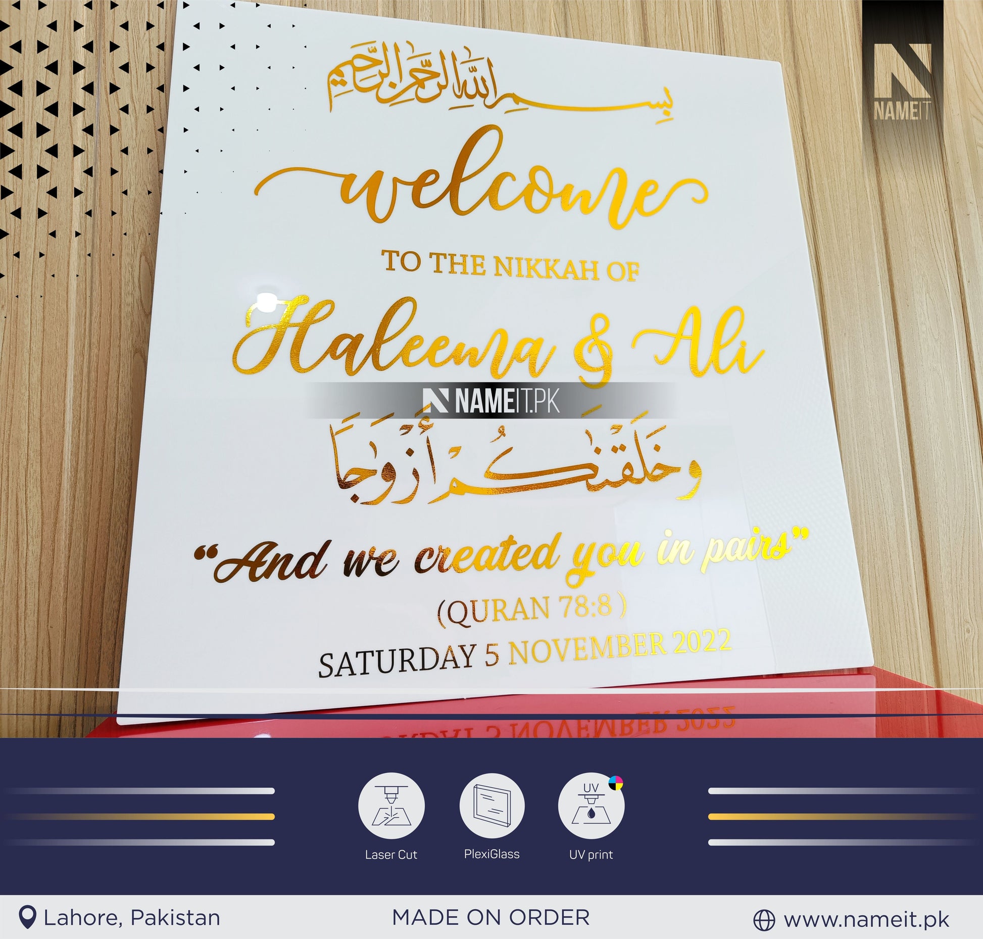 Nikkah Wedding Welcome Sign, Personalised Nikkah, Nikah Sign, Islamic Wedding Sign, Islamic Art, Nikaah Welcome, Walima Sign,Gold Decoration NAMEIT PAKISTAN