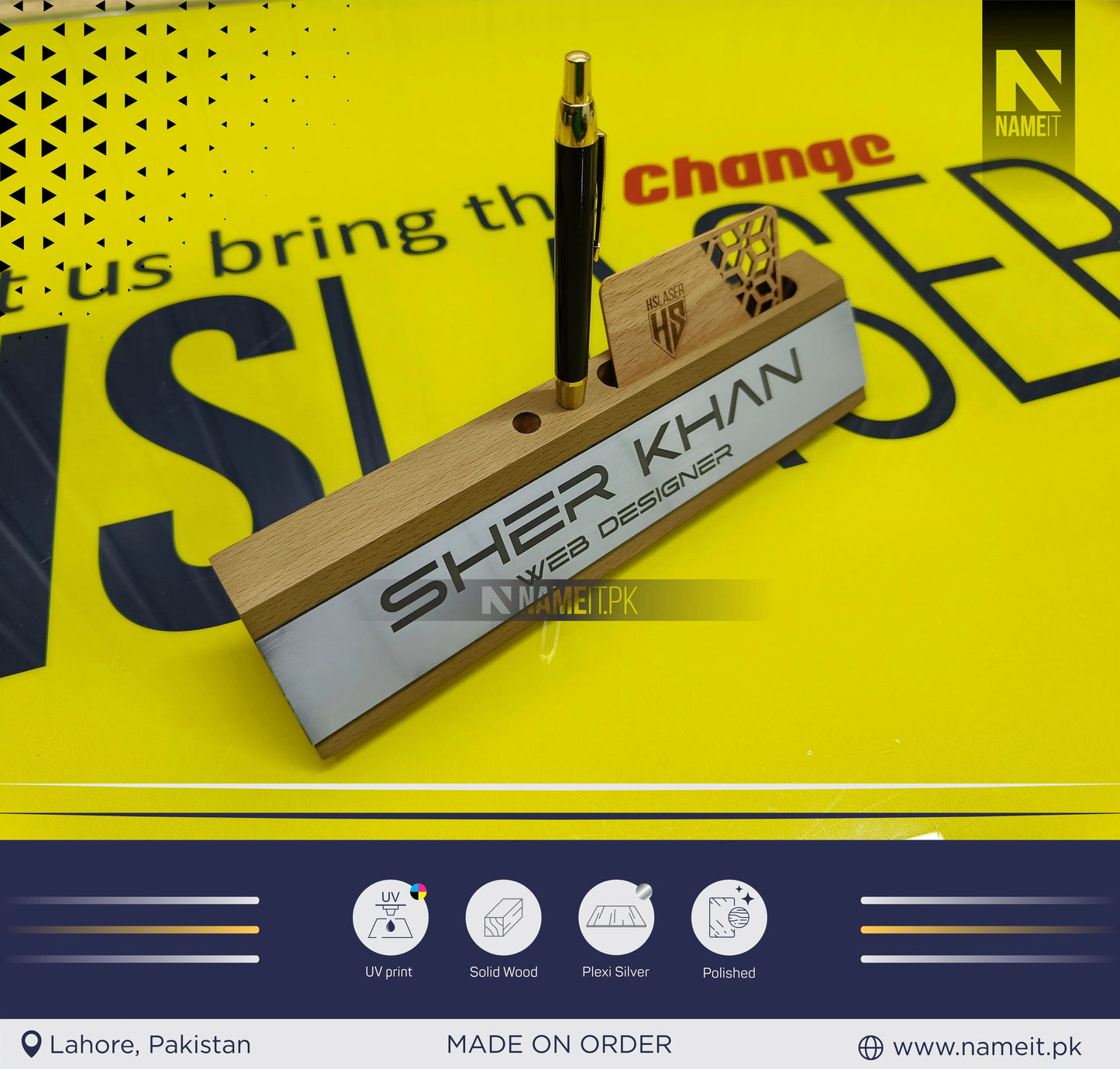 Wooden Business Card Holder, Desk Name Plate organizer, Custom Name Plate Plaque, NAMEIT PAKISTAN