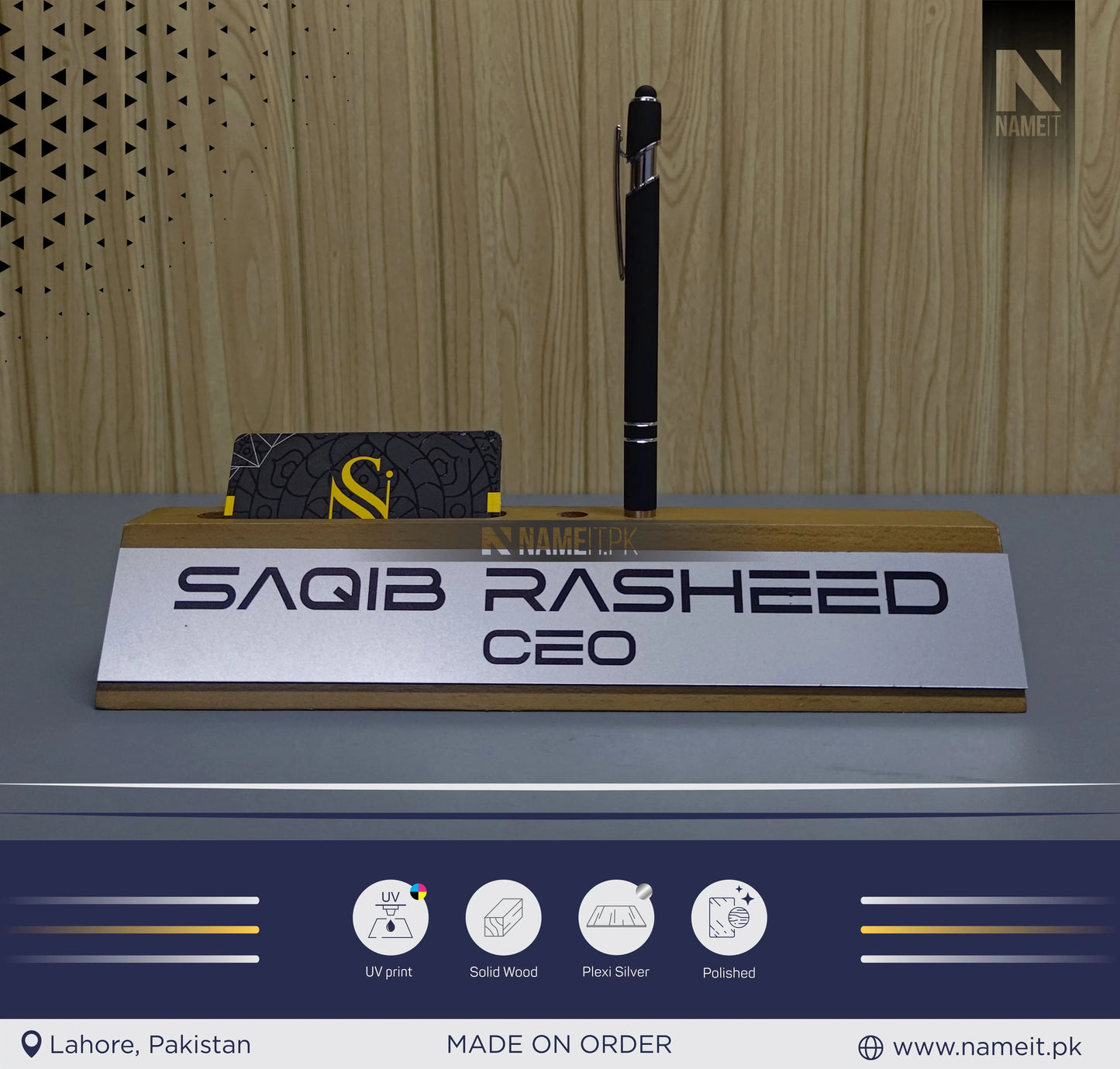 Wooden Business Card Holder, Desk Name Plate organizer, Custom Name Plate Plaque, NAMEIT PAKISTAN