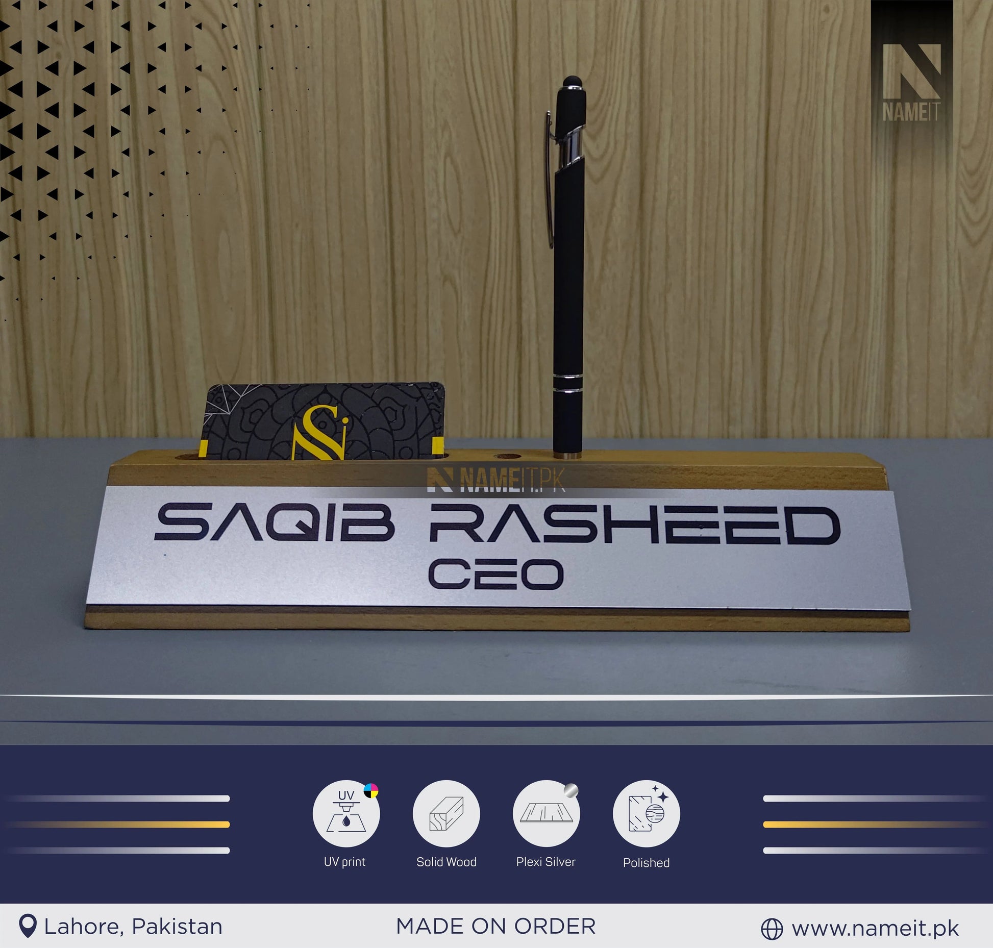 Wooden Business Card Holder, Desk Name Plate organizer, Custom Name Plate Plaque, NAMEIT PAKISTAN