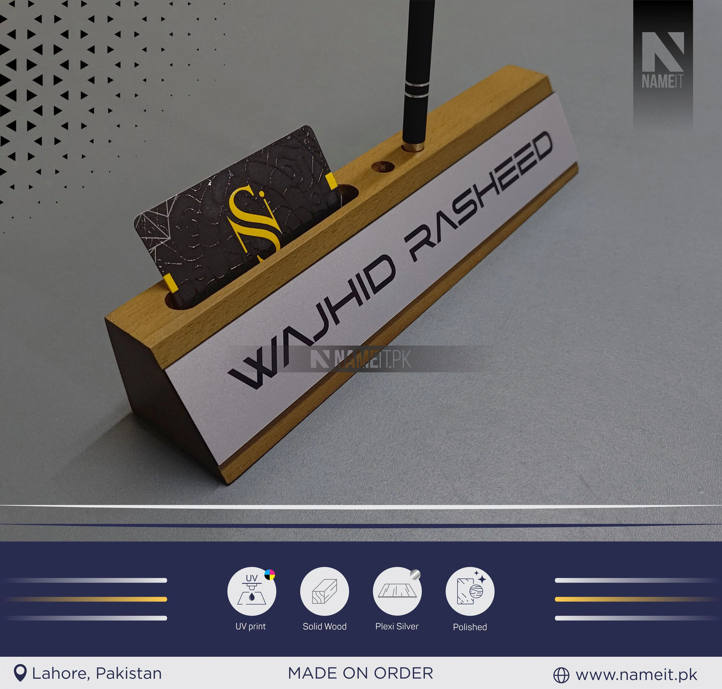 Wooden Business Card Holder, Desk Name Plate organizer, Custom Name Plate Plaque, NAMEIT PAKISTAN