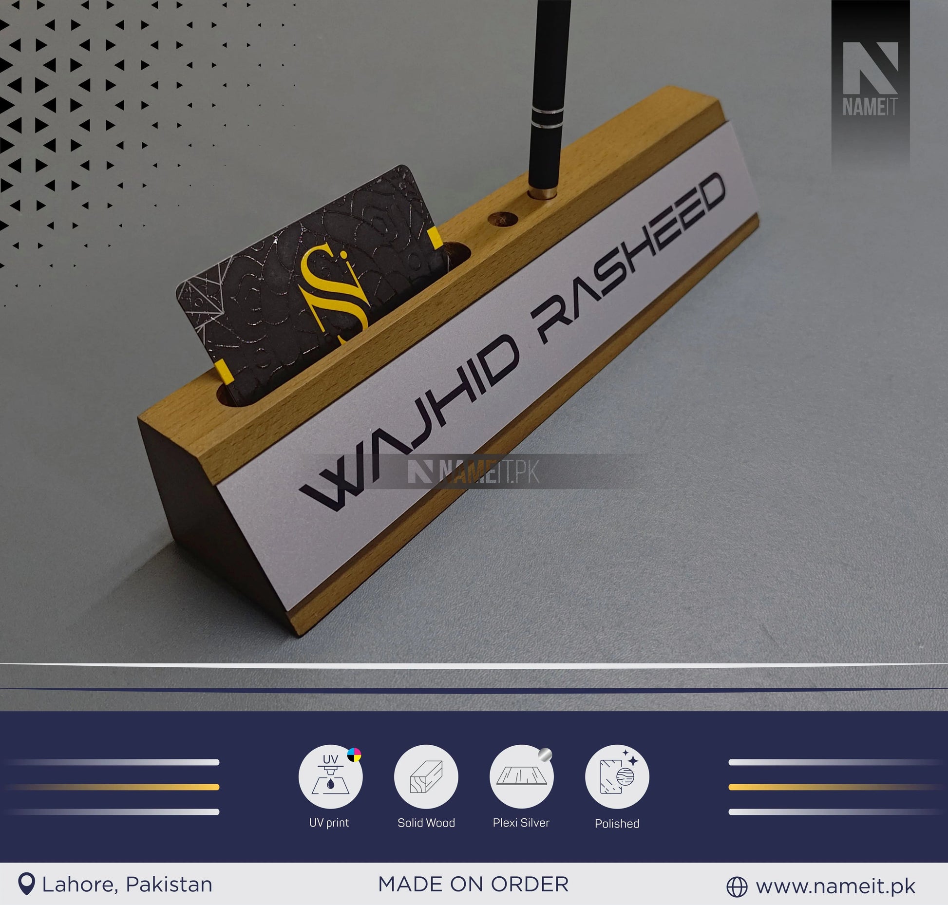Wooden Business Card Holder, Desk Name Plate organizer, Custom Name Plate Plaque, NAMEIT PAKISTAN