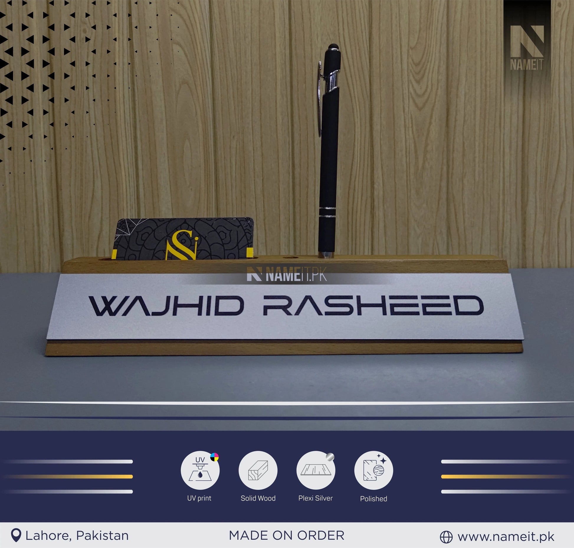 Wooden Business Card Holder, Desk Name Plate organizer, Custom Name Plate Plaque, NAMEIT PAKISTAN