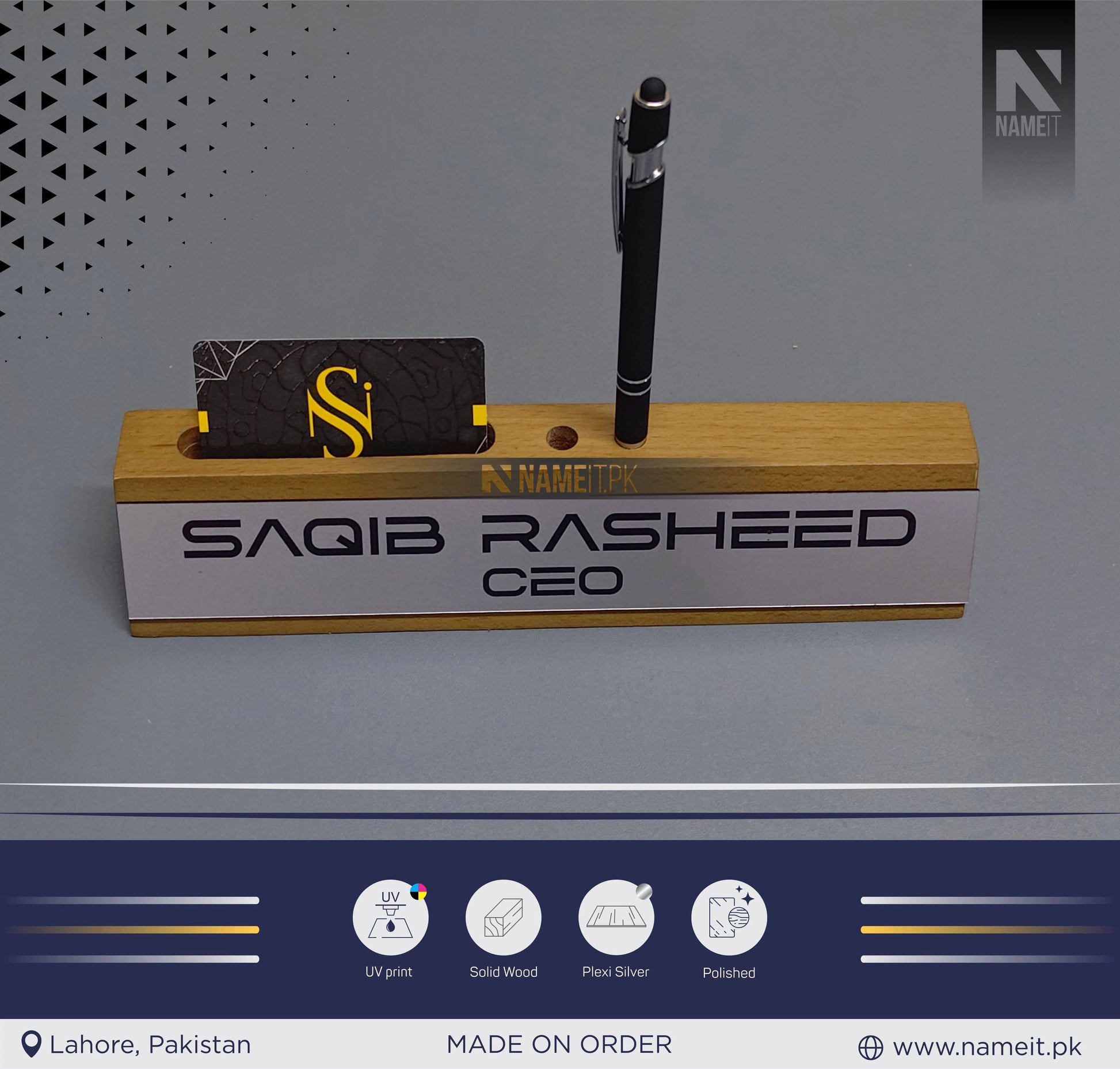 Wooden Business Card Holder, Desk Name Plate organizer, Custom Name Plate Plaque, NAMEIT PAKISTAN