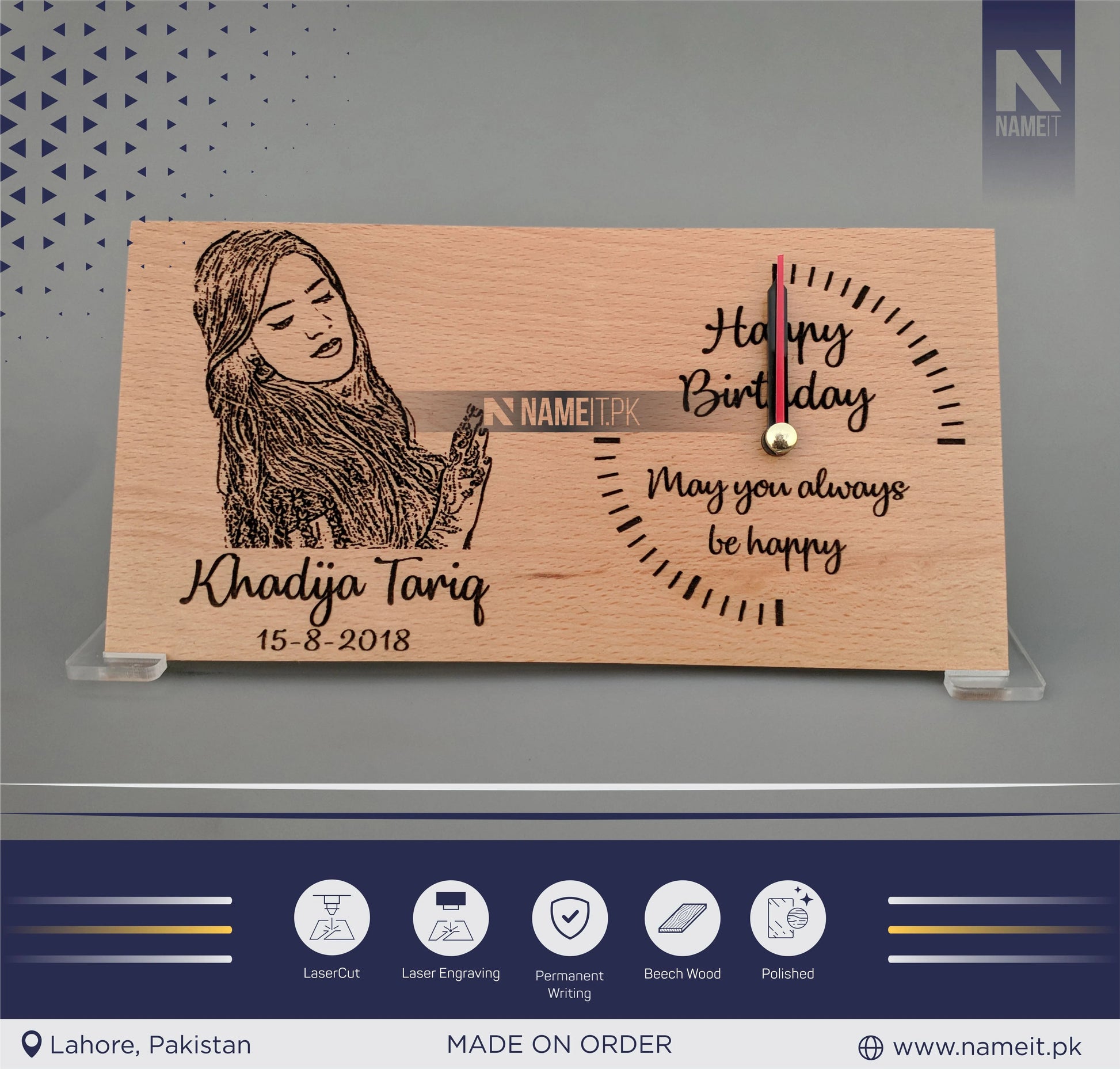 Wooden Clock, Table Clock, With your Picture and Name, Engraved Wooden Clock NAMEIT PAKISTAN