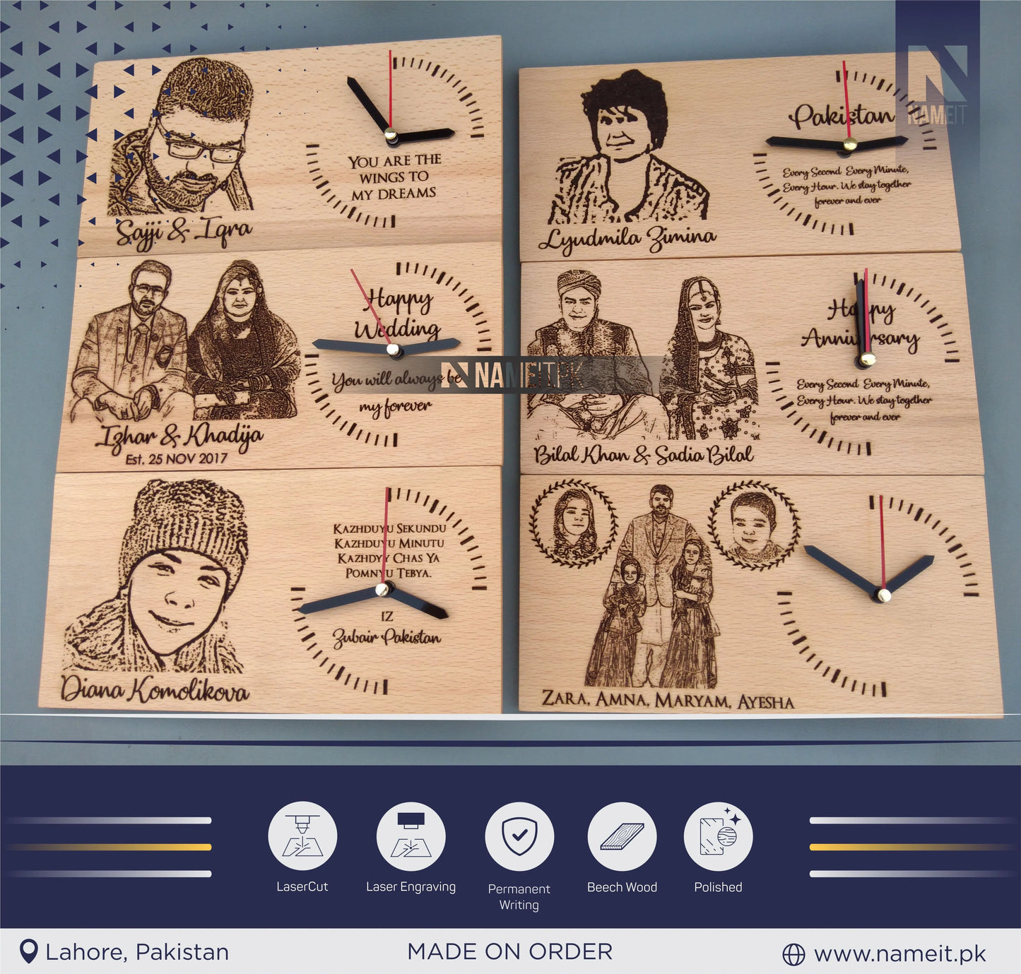 Wooden Clock, Table Clock, With your Picture and Name, Engraved Wooden Clock NAMEIT PAKISTAN