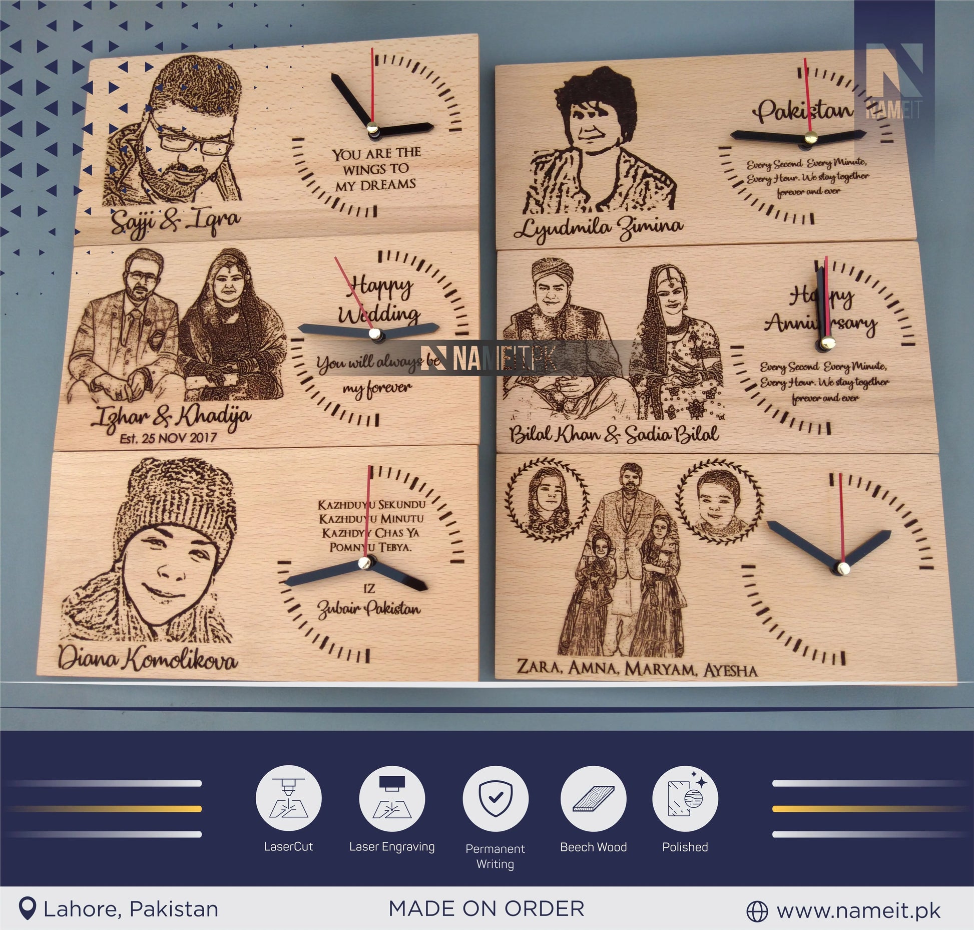 Wooden Clock, Table Clock, With your Picture and Name, Engraved Wooden Clock NAMEIT PAKISTAN