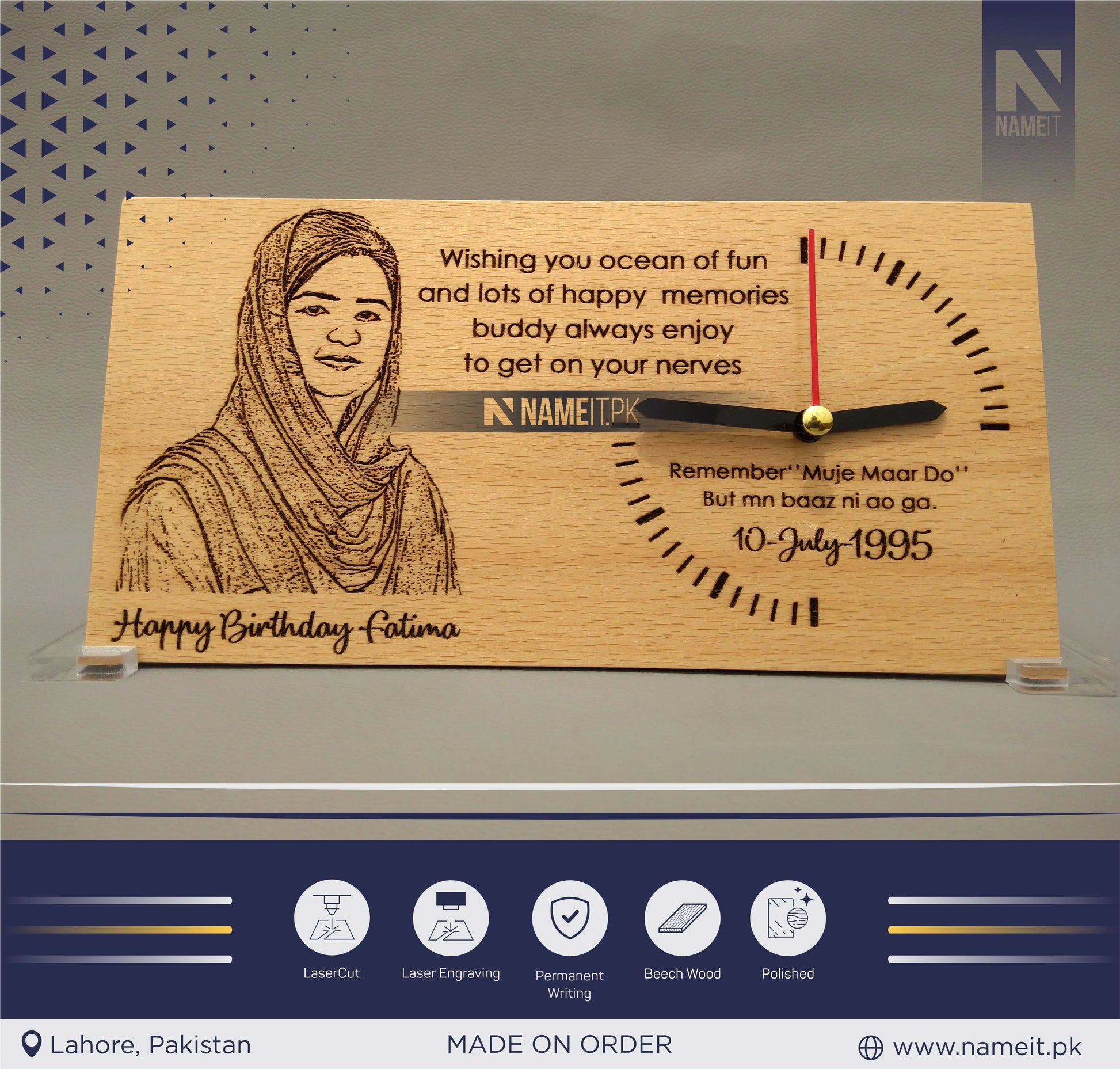Wooden Clock, Table Clock, With your Picture and Name, Engraved Wooden Clock NAMEIT PAKISTAN