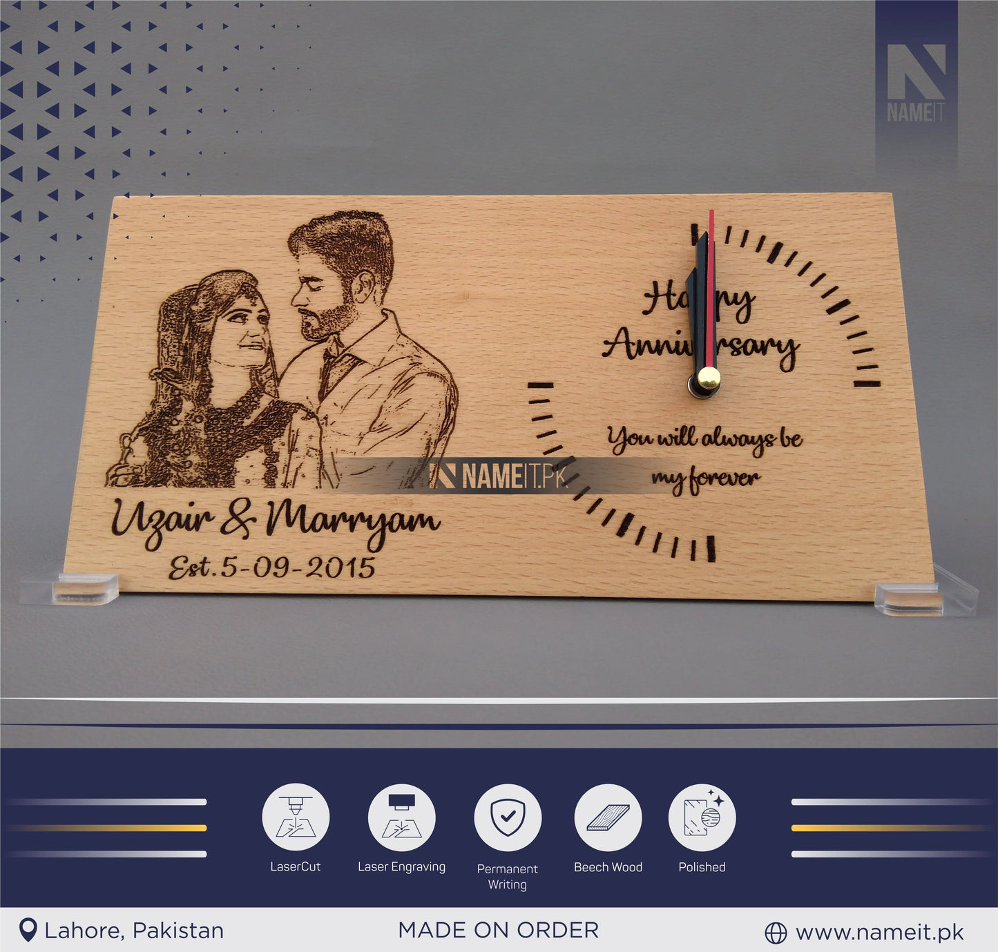 Wooden Clock, Table Clock, With your Picture and Name, Engraved Wooden Clock NAMEIT PAKISTAN