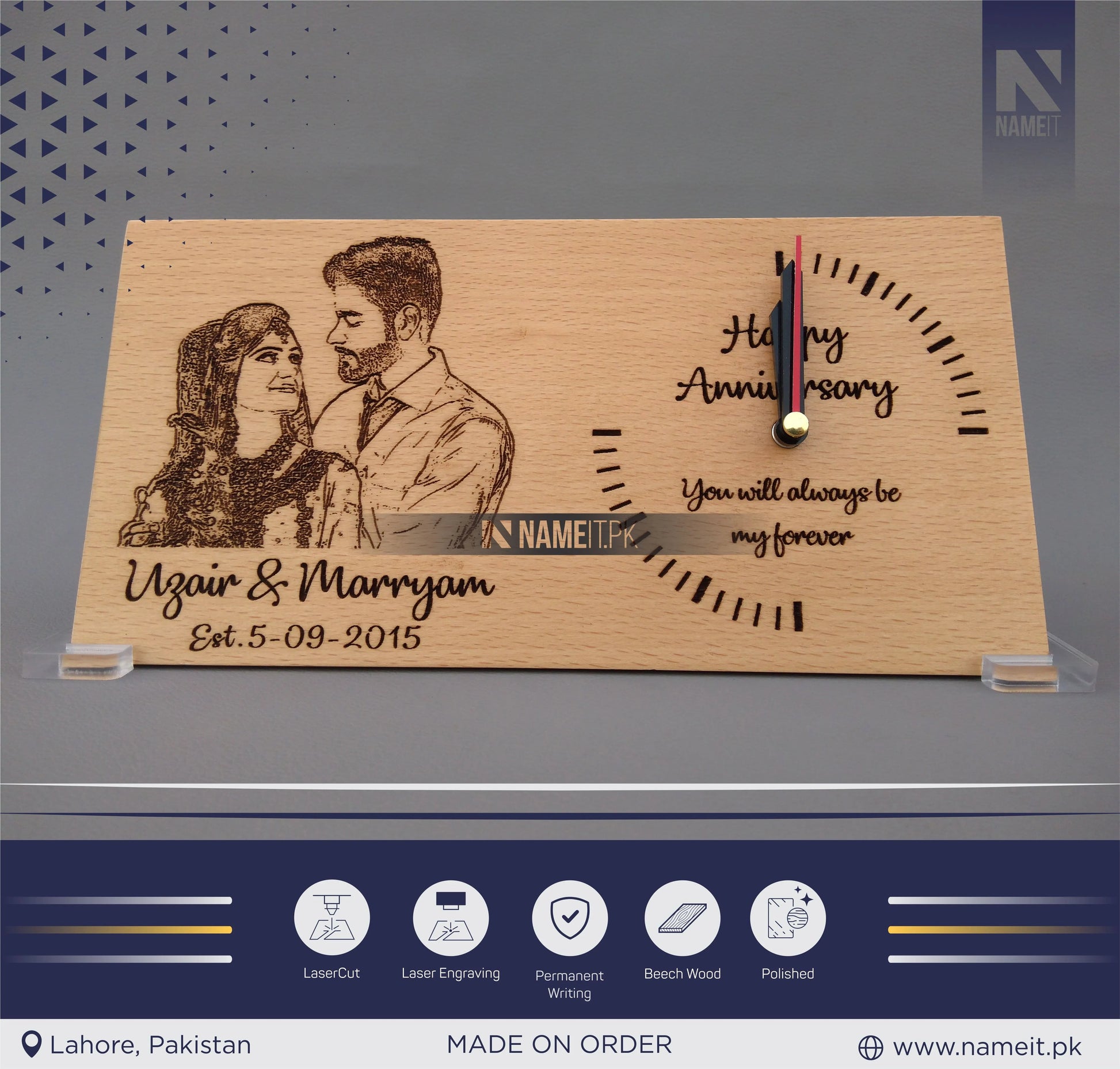 Wooden Clock, Table Clock, With your Picture and Name, Engraved Wooden Clock NAMEIT PAKISTAN
