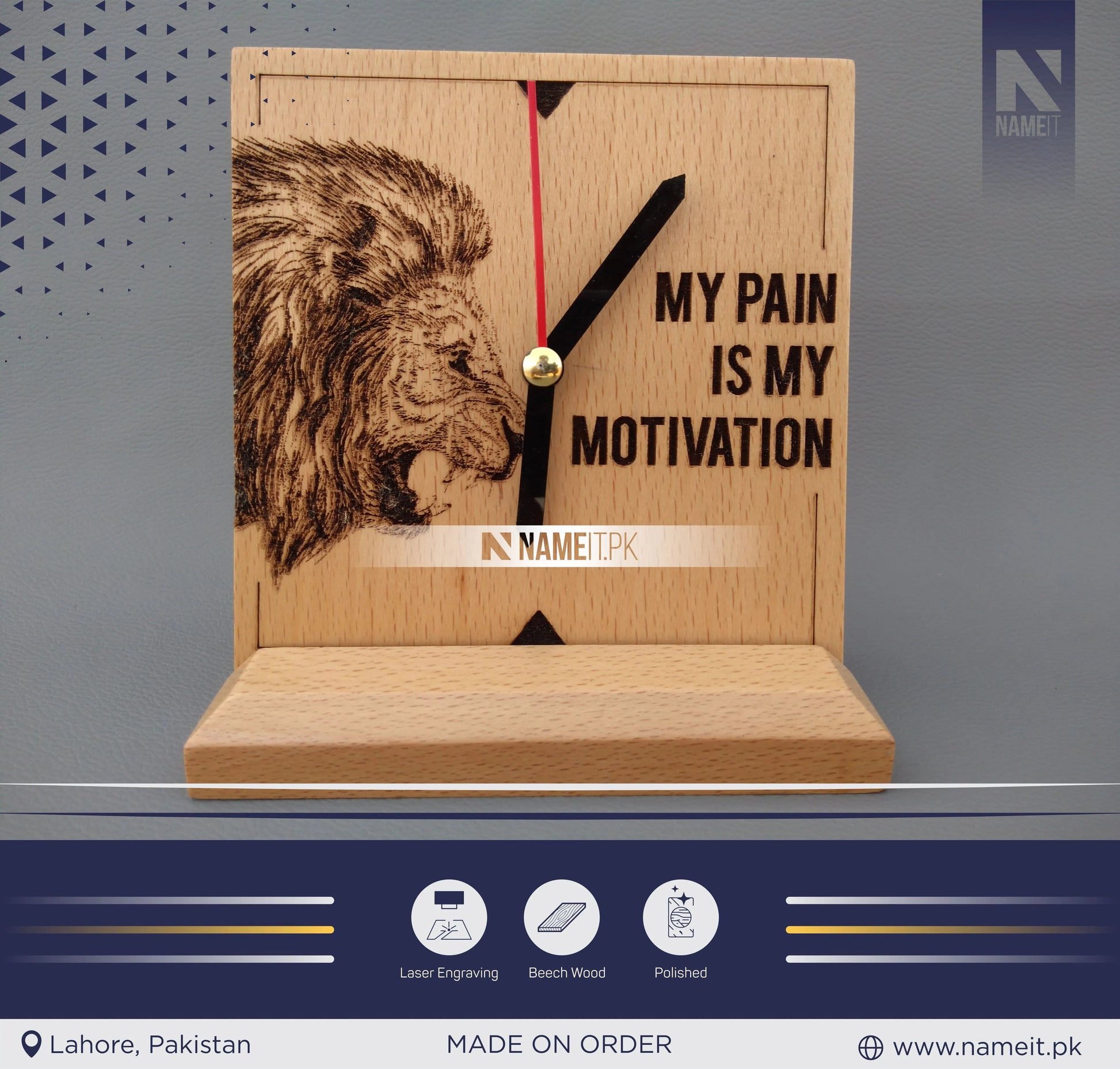 Wooden Clock, Table Clock, With your Picture and Name, Engraved Wooden Clock and base NAMEIT PAKISTAN