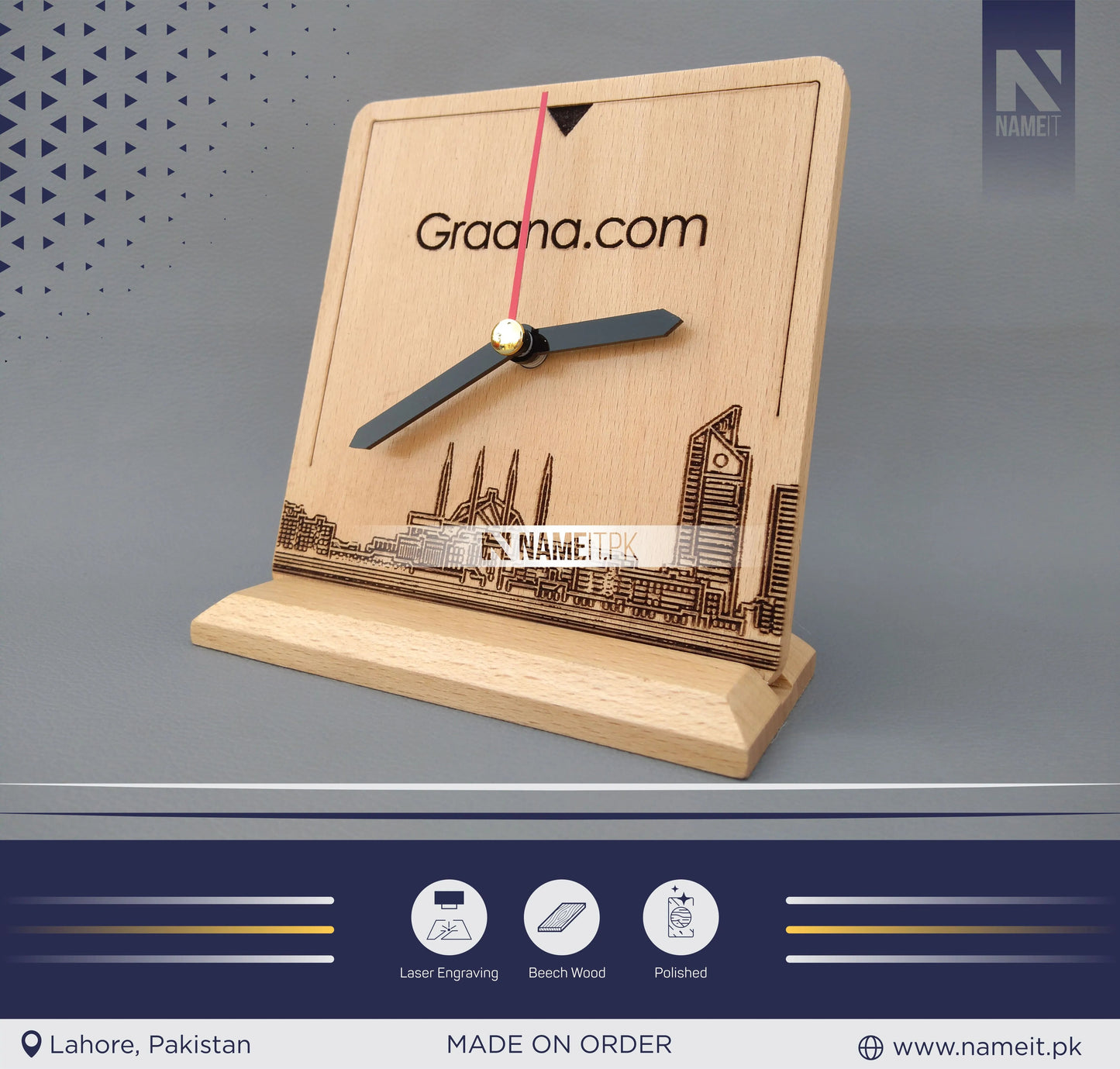 Wooden Clock, Table Clock, With your Picture and Name, Engraved Wooden Clock and base NAMEIT PAKISTAN