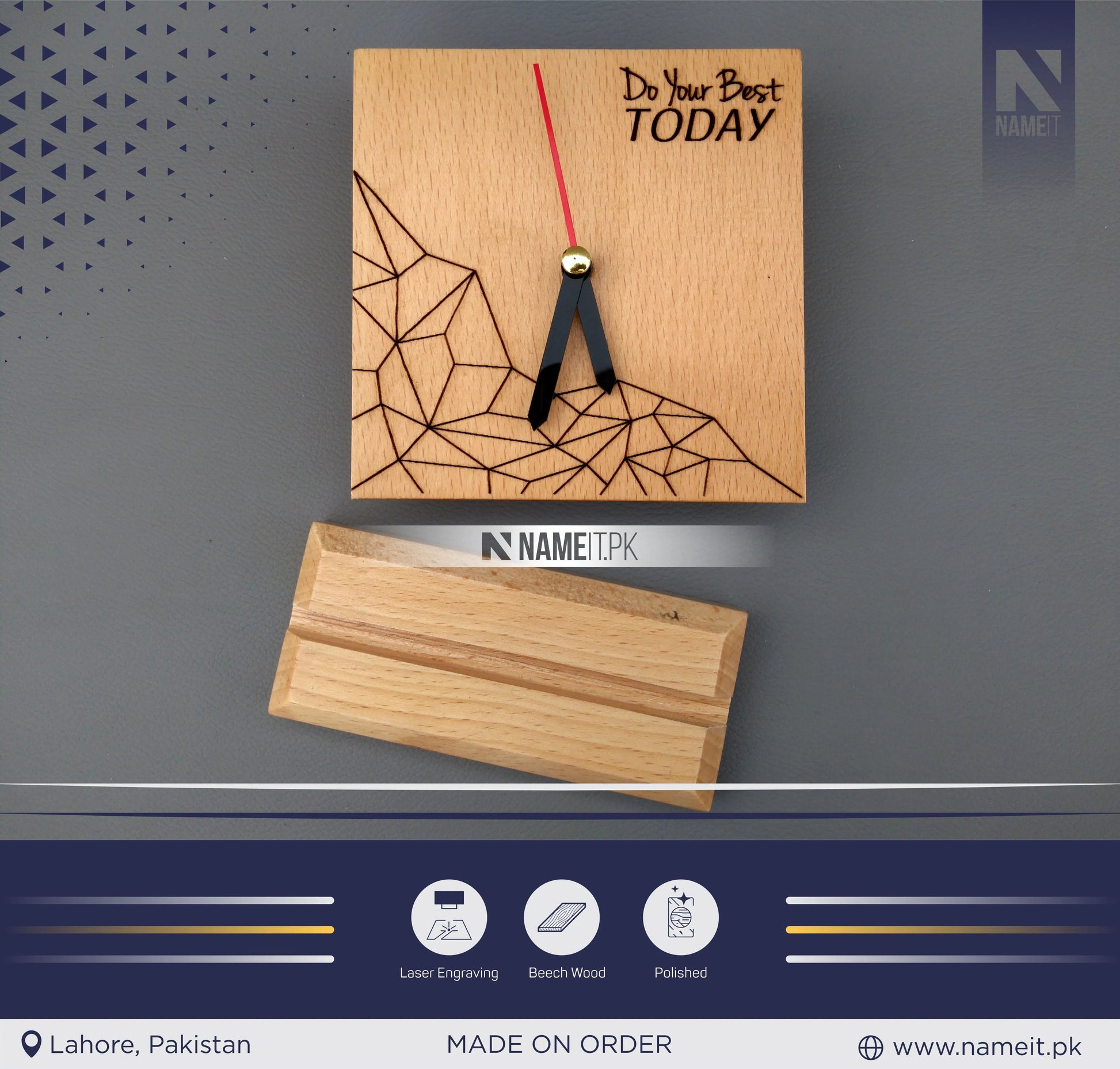 Wooden Clock, Table Clock, With your Picture and Name, Engraved Wooden Clock and base NAMEIT PAKISTAN