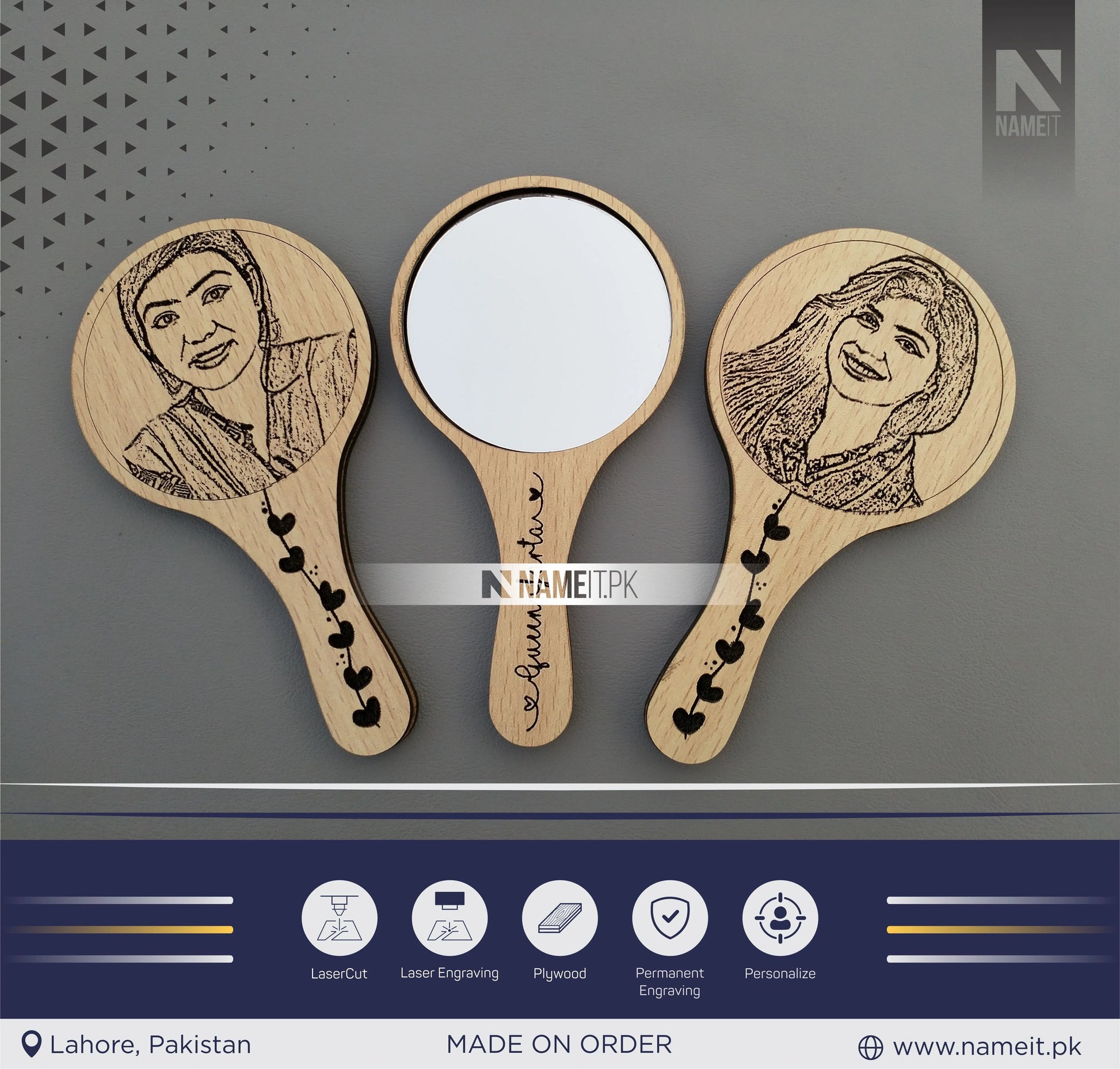 Wooden Hand Mirror, Customize Hand Mirror with Picture NAMEIT PAKISTAN
