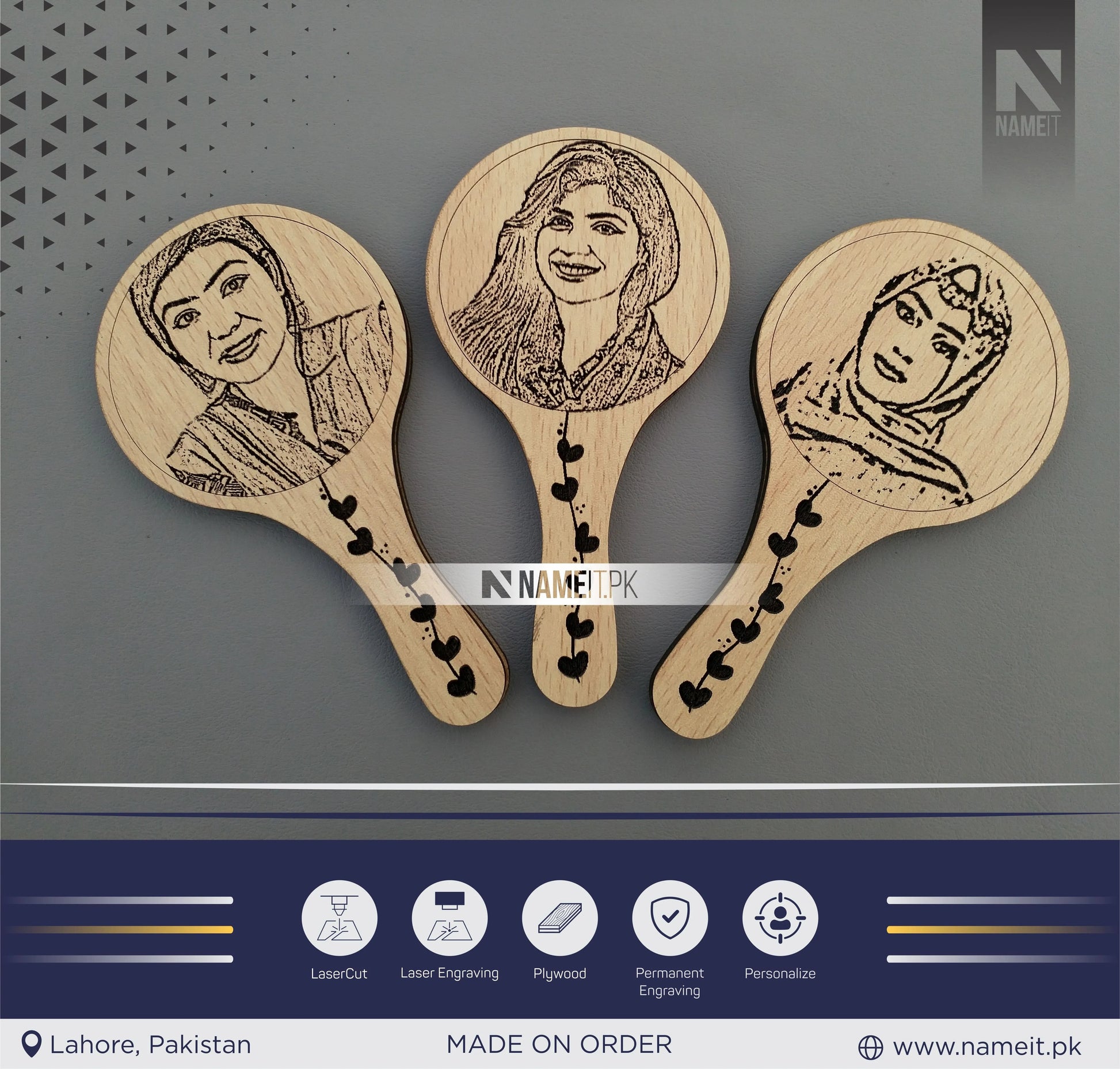 Wooden Hand Mirror, Customize Hand Mirror with Picture NAMEIT PAKISTAN