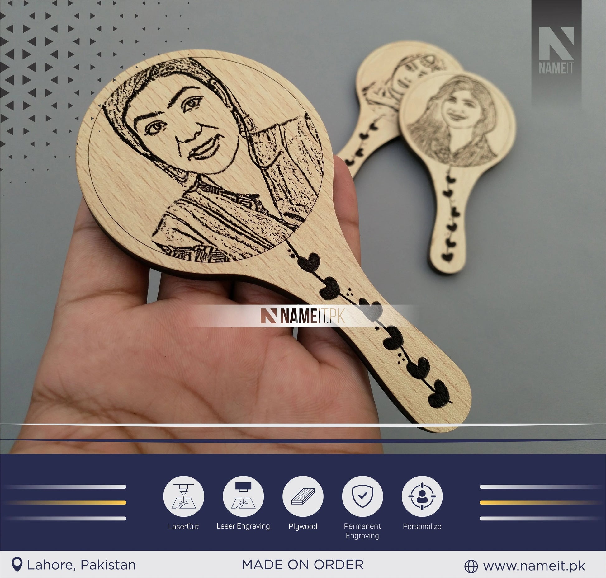 Wooden Hand Mirror, Customize Hand Mirror with Picture NAMEIT PAKISTAN