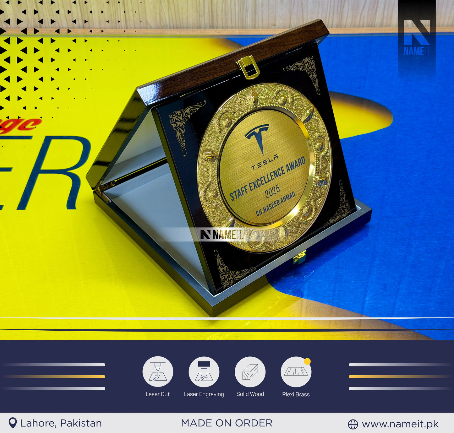 Shield, Golden Metal & Wood Award Shield With wooden Box, modern personalized award for best employee, corporate gift for business partner
